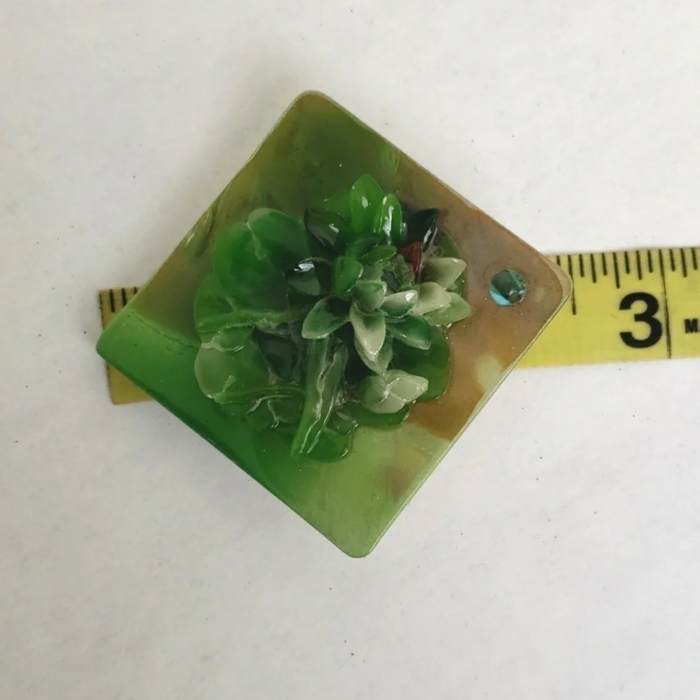 Vintage Brooch Green Floral On Mother of Pearl Look Square/ Diamond Shape
